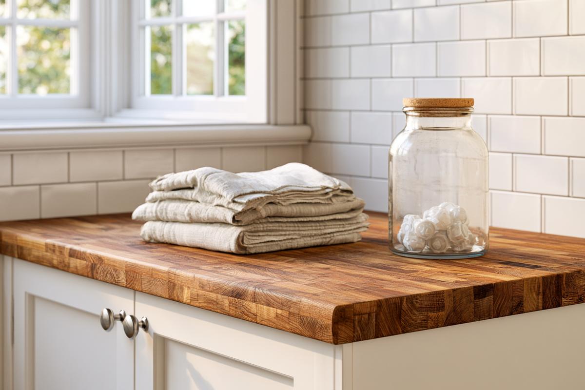 Warm butcher block countertop with white cabinets and subway tile