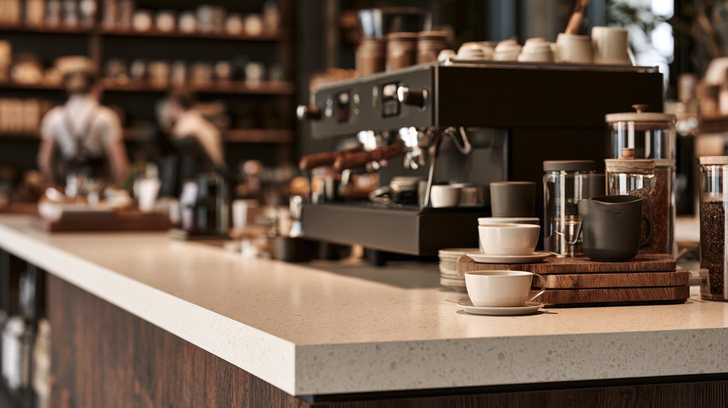 Long quartz service counter in a busy coffee shop with an espresso machine