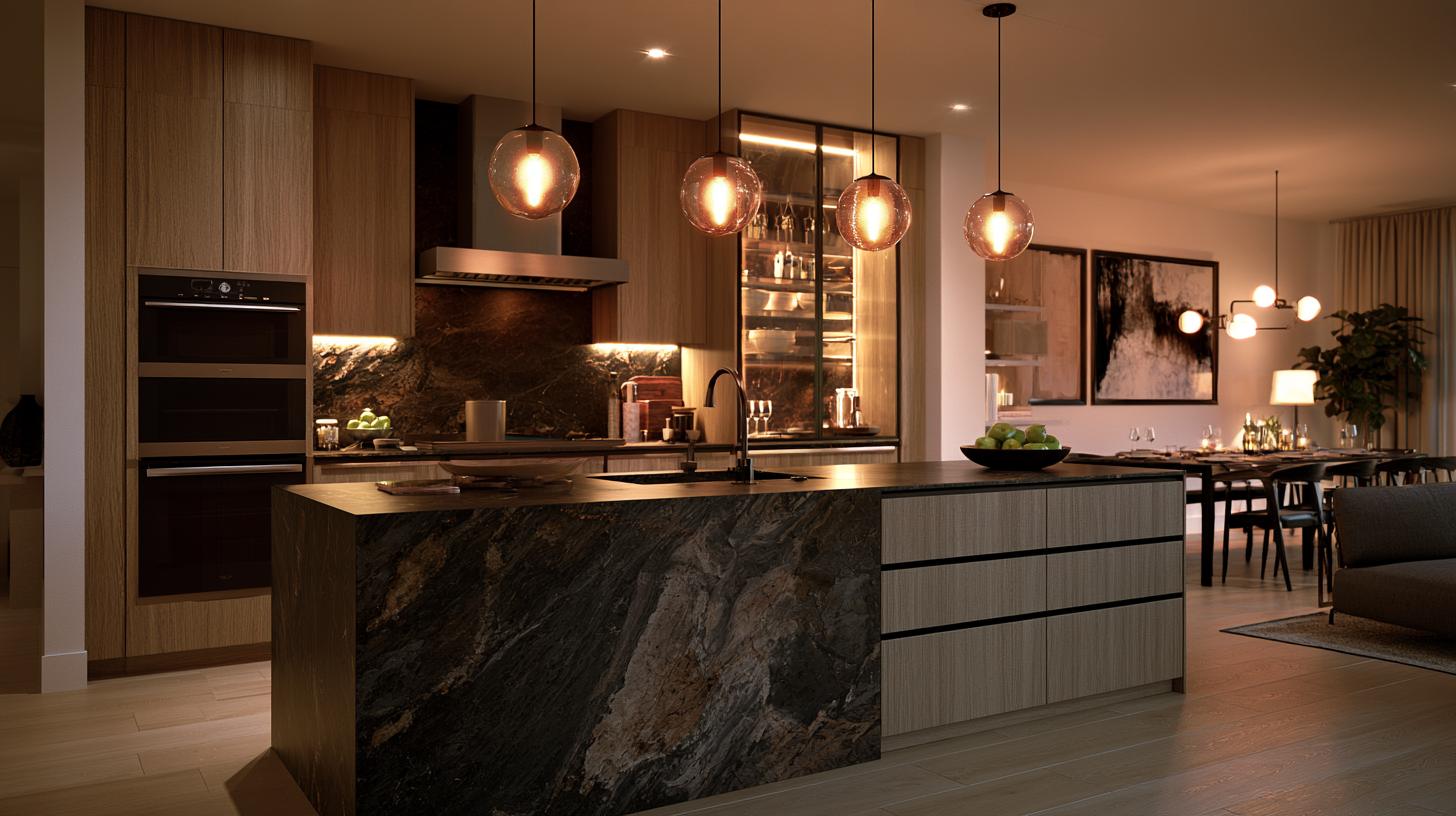 Dramatic dark granite island with a waterfall edge in an evening kitchen