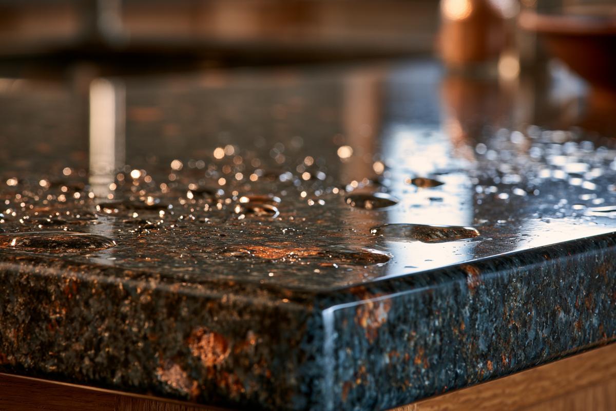 Close-up of water beading on a polished dark granite countertop corner