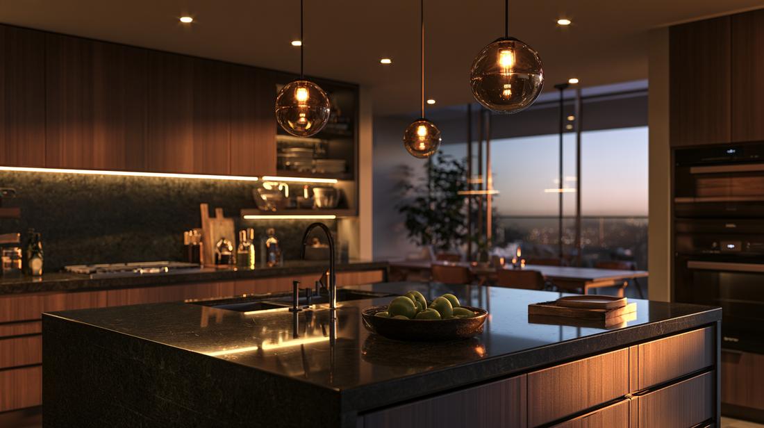 Dark granite countertop catching evening light in a modern kitchen