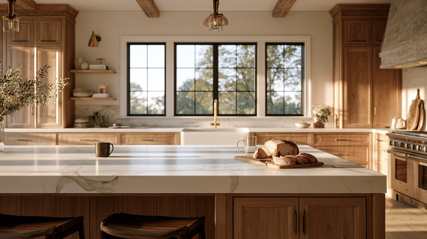 Bright farmhouse kitchen with a white quartz island countertop in morning light