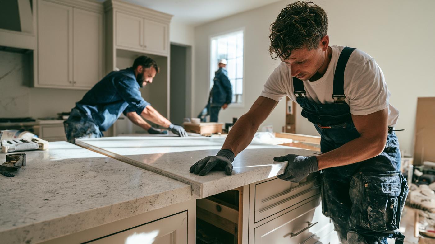 Installer seating a stone countertop onto kitchen cabinets