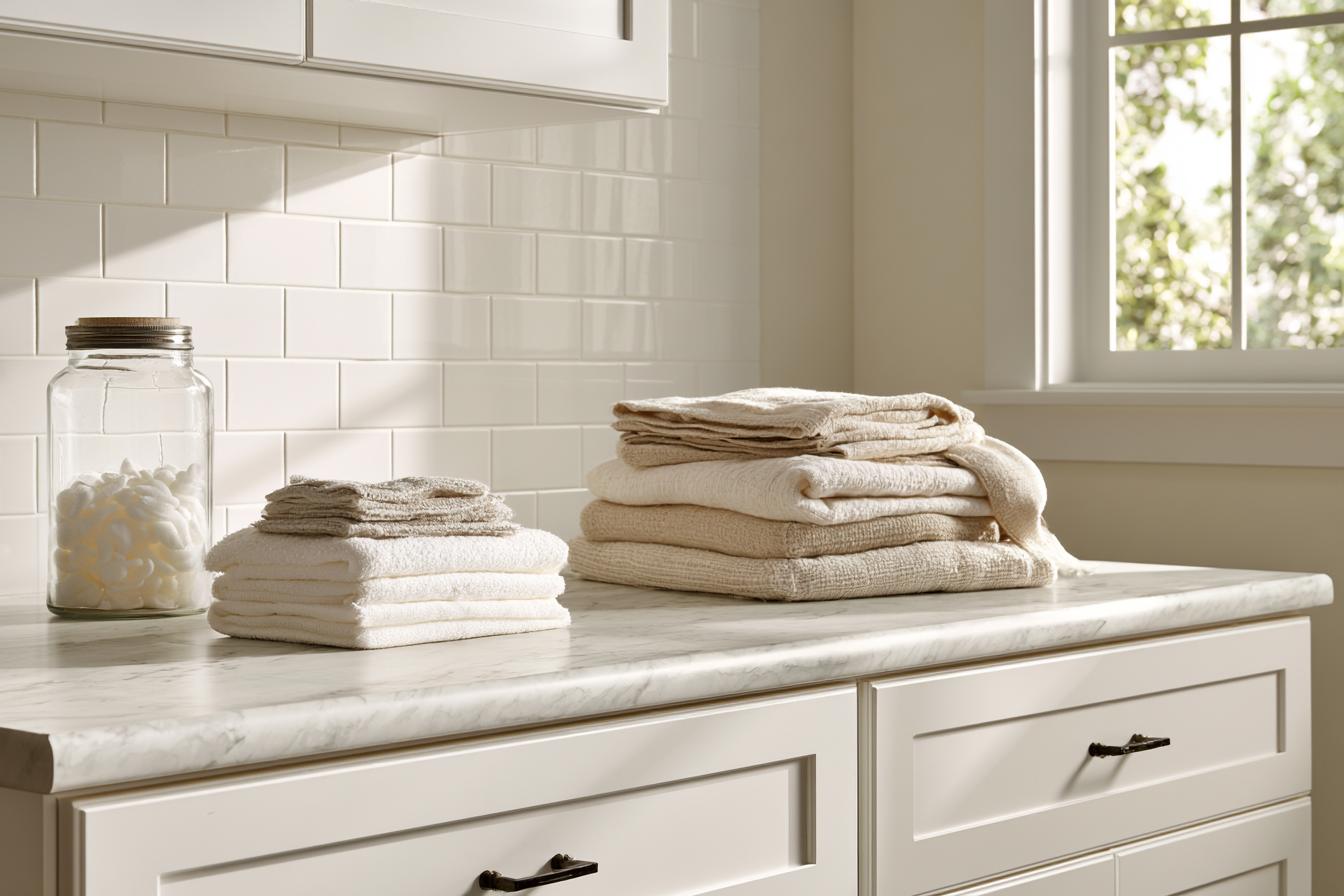 White marble-pattern laminate countertop with a rolled edge in a bright laundry room