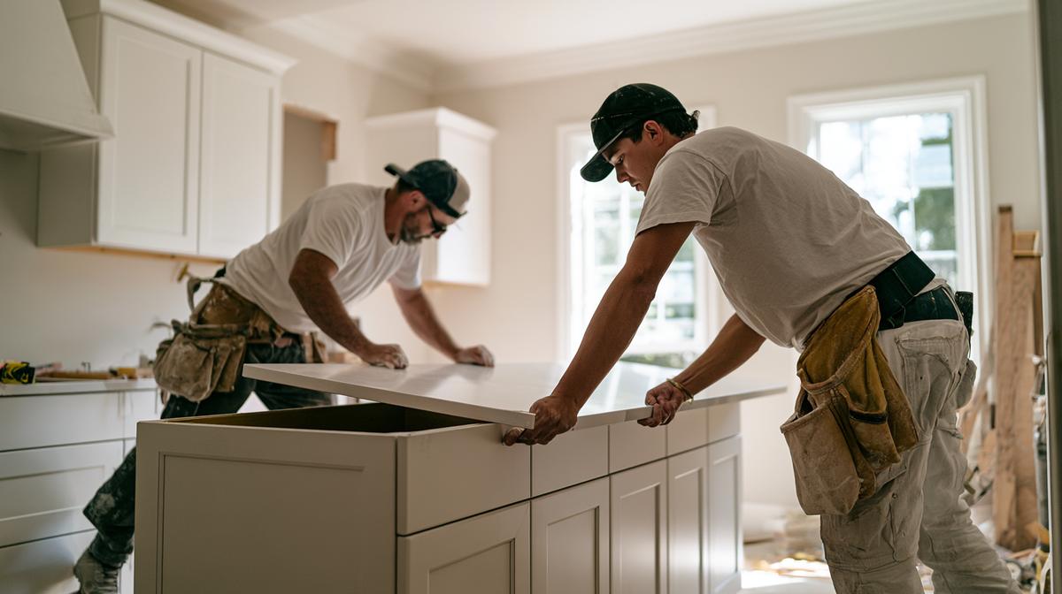 Two installers lowering a new white countertop onto kitchen cabinets