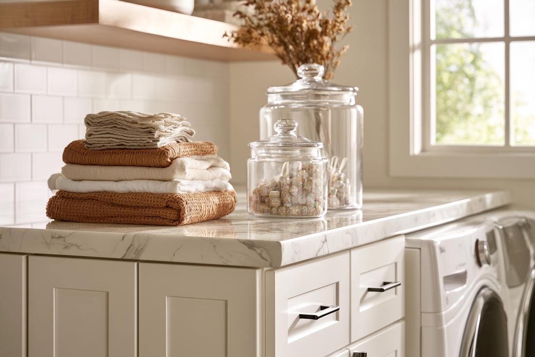 White marble-look laminate countertop with rolled edge in a laundry room