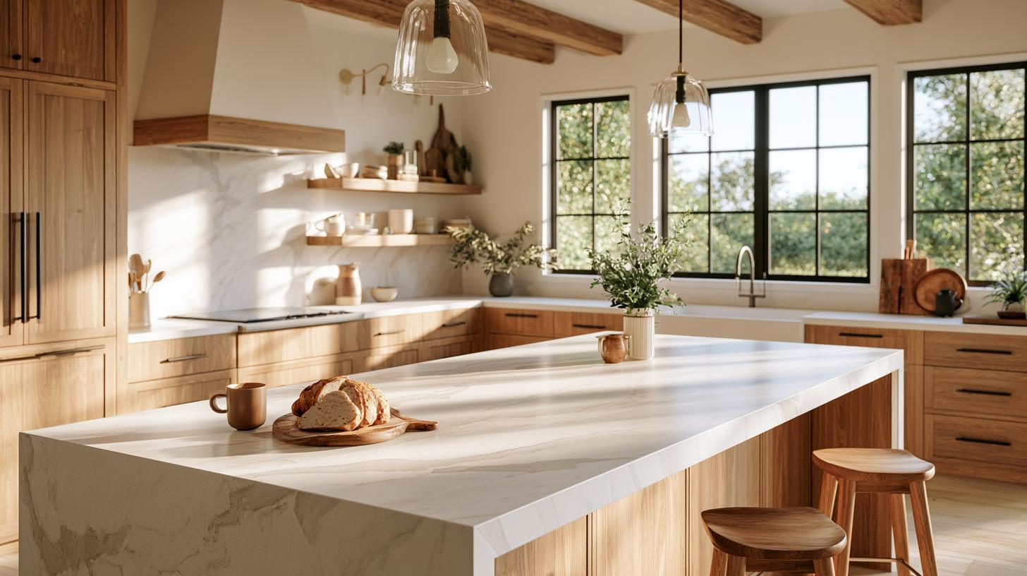 Long white quartz island with a waterfall edge in a warm modern kitchen