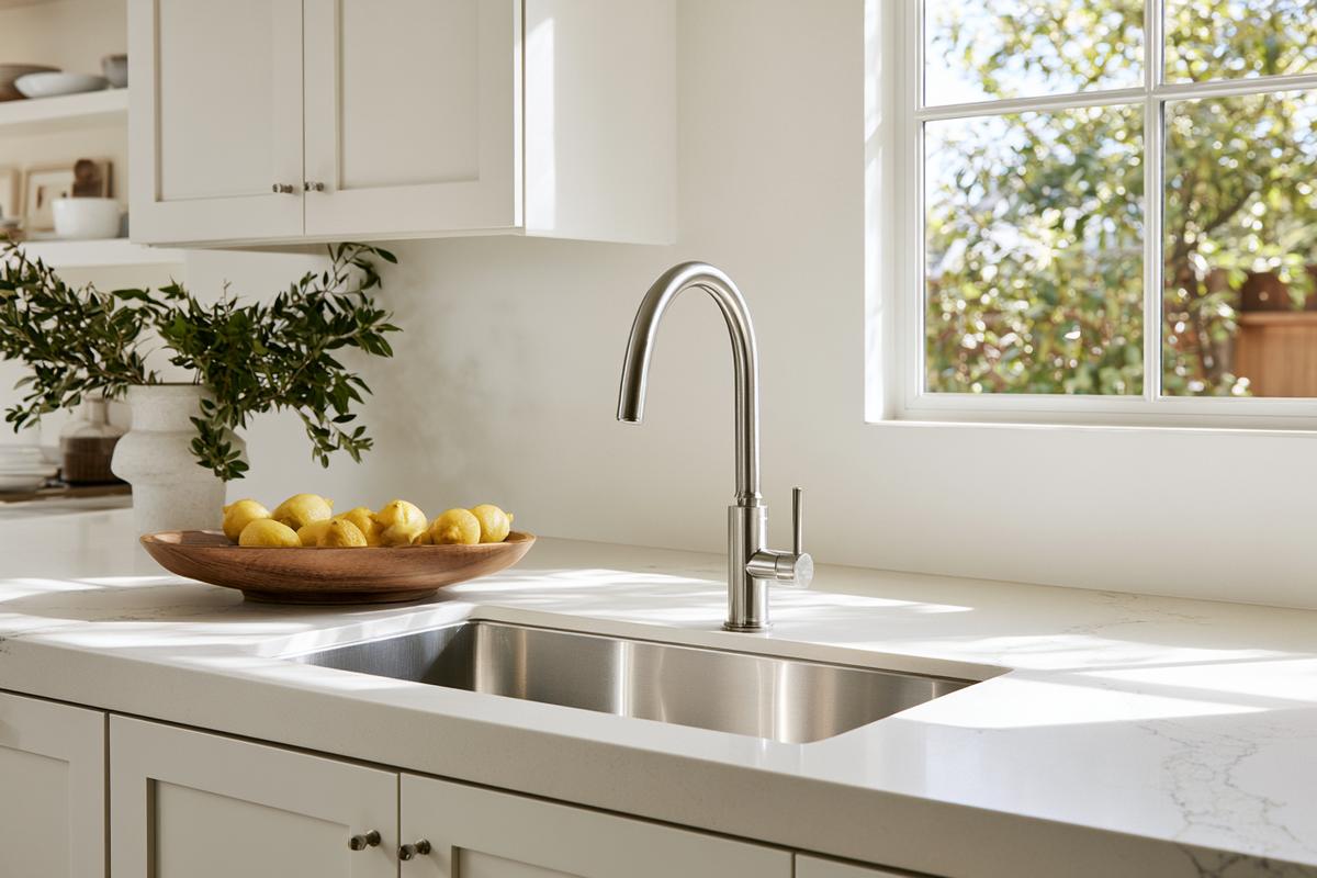 Undermount stainless sink in a white quartz countertop with shaker cabinets