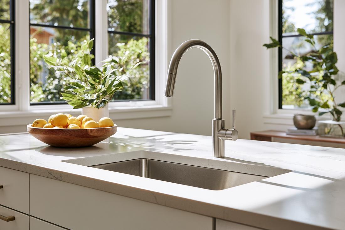 Bright white quartz countertop with undermount sink in a sunny kitchen