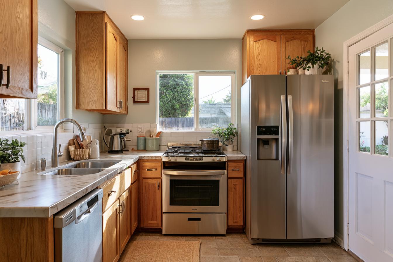 Modest kitchen with golden oak cabinets and a brand new marble-look laminate countertop