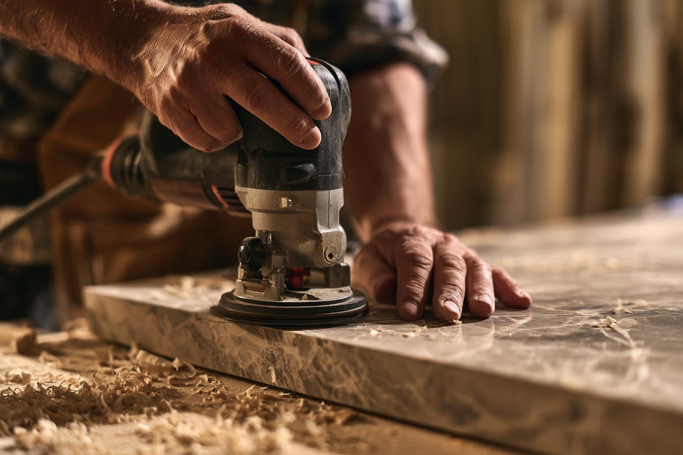 Craftsman's hands guiding a trim router along the edge of a marble-pattern countertop