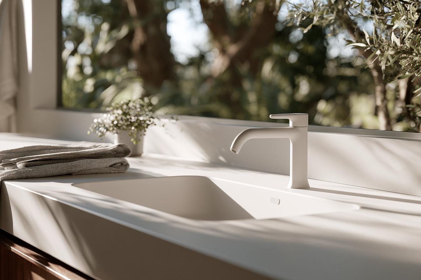 Seamless white solid surface vanity with integrated sink and matte faucet