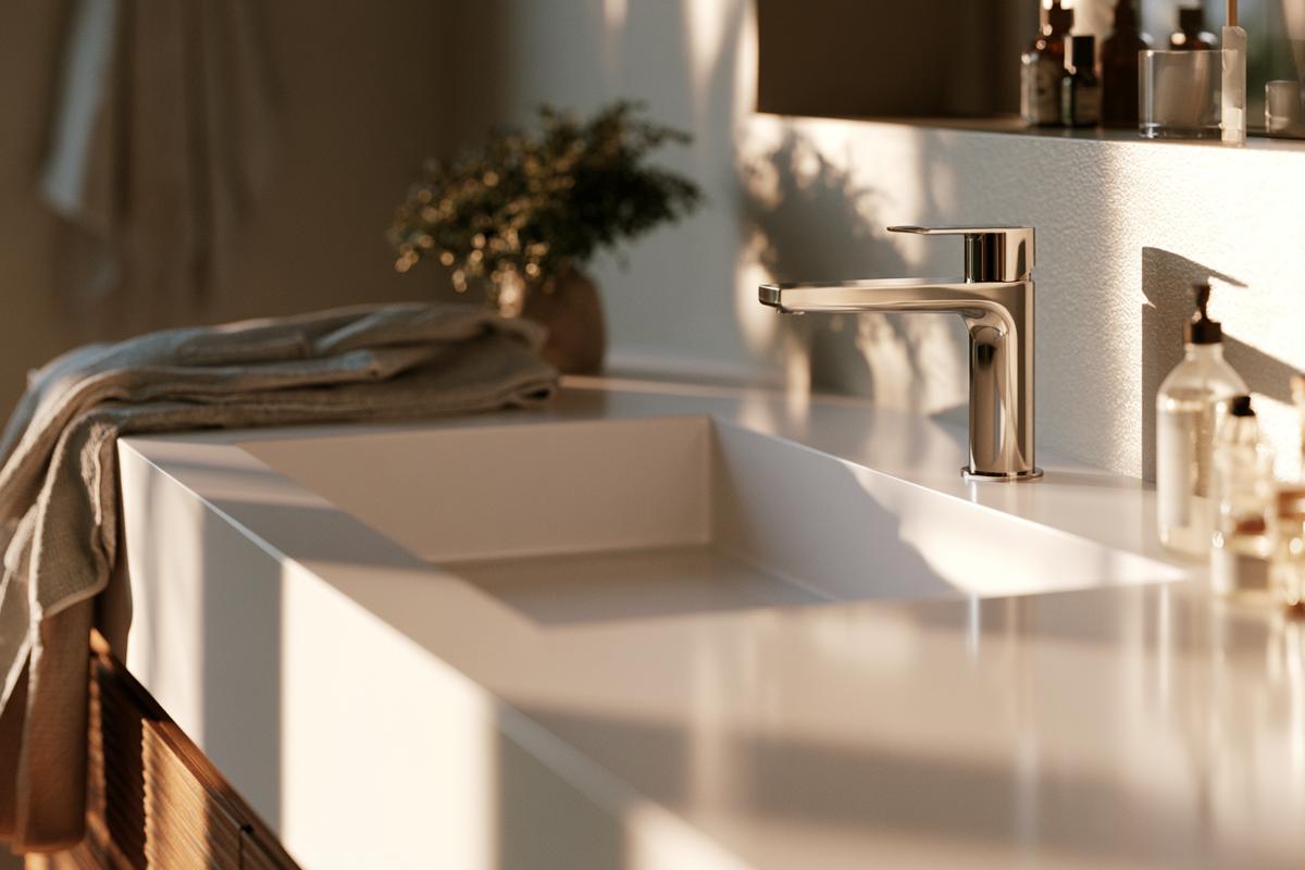 Golden hour light on a seamless solid surface vanity with a brass faucet
