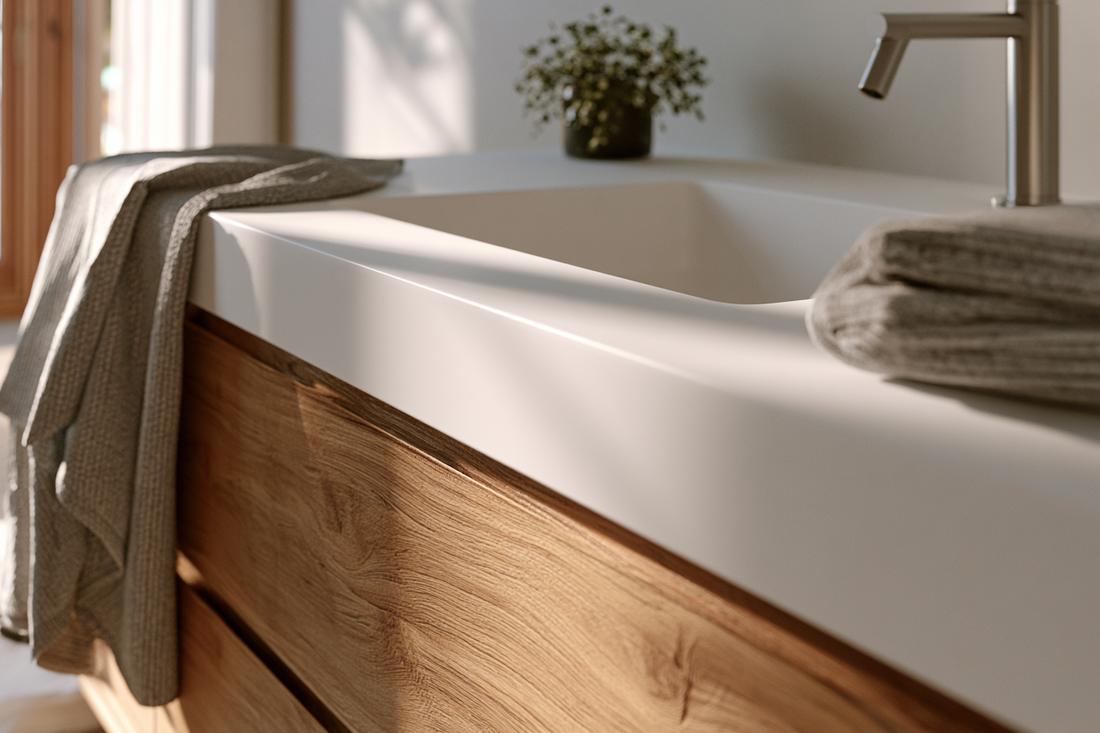 Seamless white solid surface vanity top with coved edge over an oak cabinet