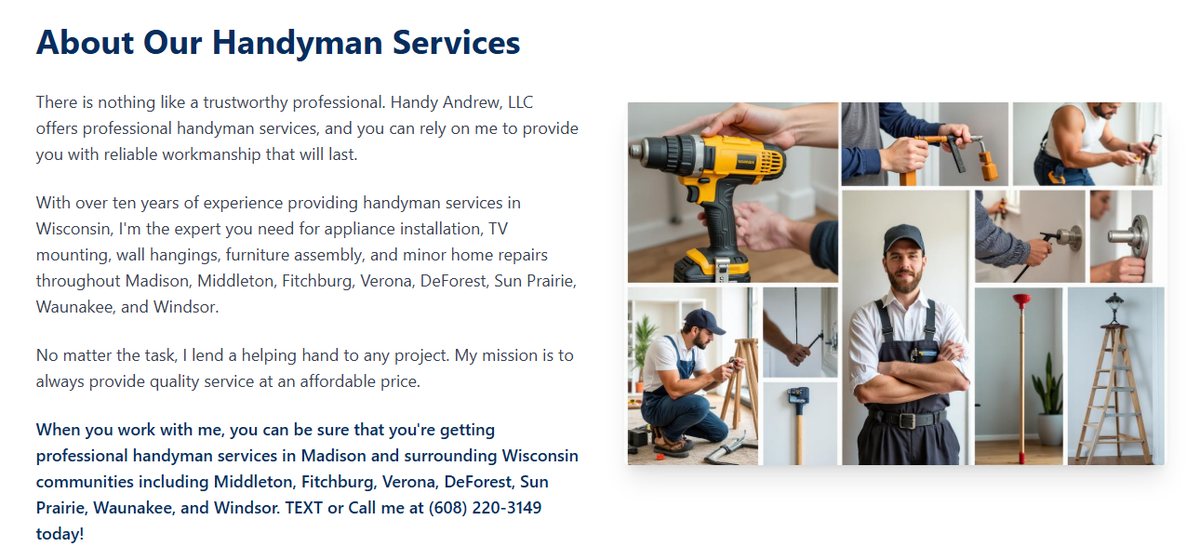 The About section: three paragraphs beside a collage of stock photos of tools and a man with crossed arms