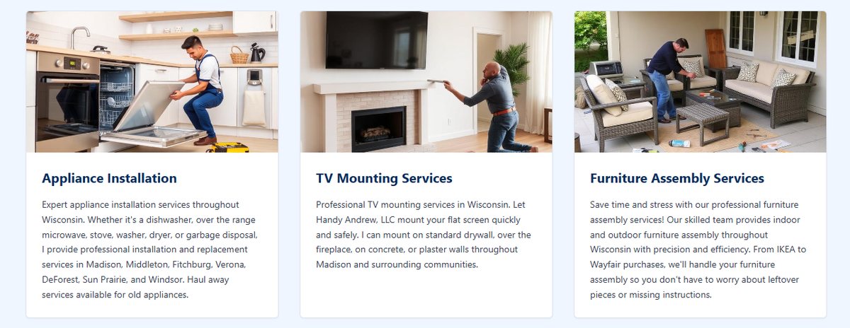 Three service cards with stock photos: appliance installation, TV mounting and furniture assembly