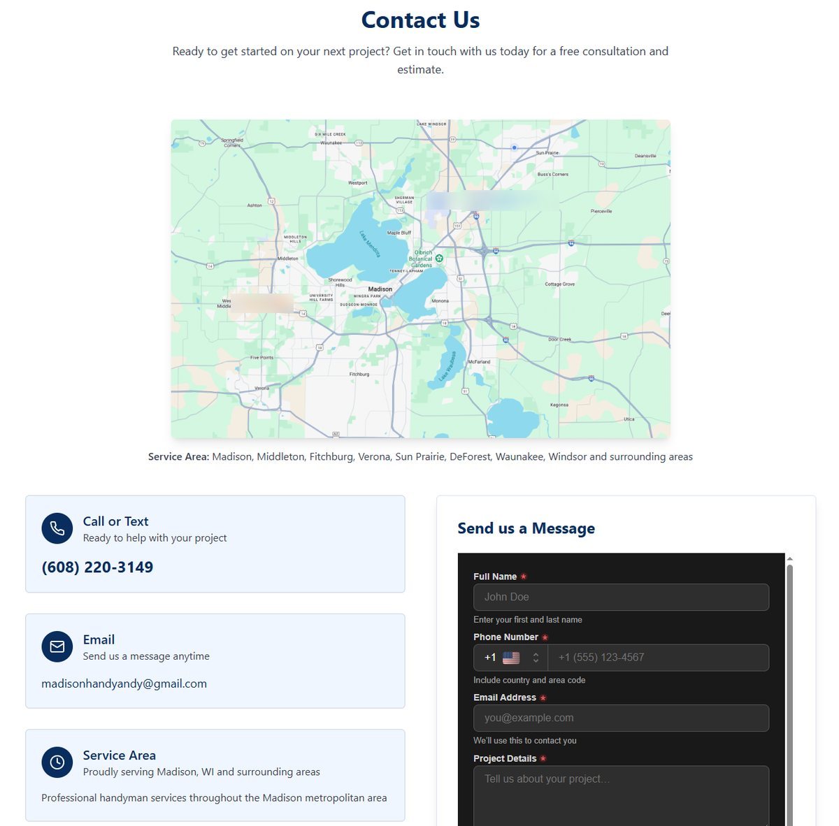 The contact section: a map of the Madison area, a call-or-text card, an email card and a dark contact form