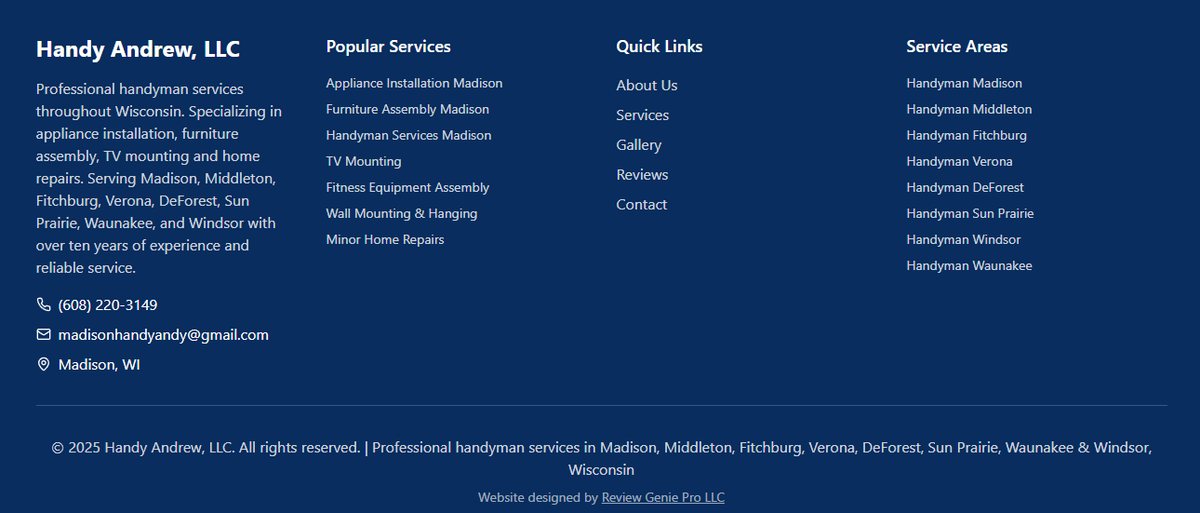 The bottom of the site: hours, the end of the form and a navy footer with links