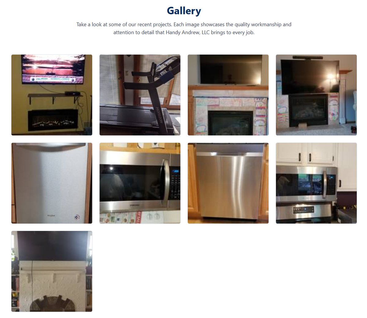 The gallery: nine small photos of real jobs, mostly TVs and kitchen appliances