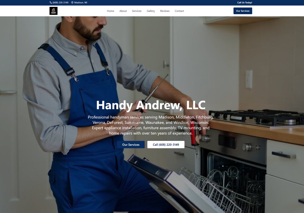 The top of handyandrewllc.com: a stock photo of a man in overalls at a dishwasher, the name Handy Andrew LLC and two buttons