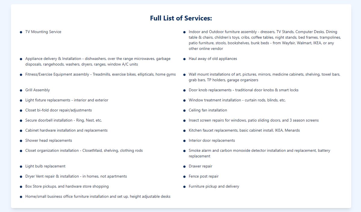 The full list of services in two dense columns of bullet points